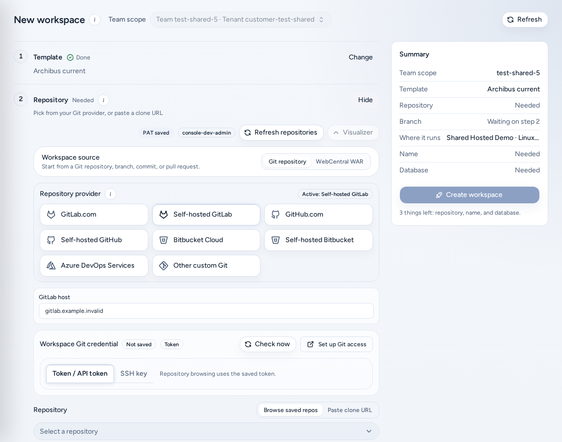 New workspace with the Workspace setup steps checklist (Template done, Repository open with provider choices) and the Summary with a disabled Create workspace button, on safe example data.