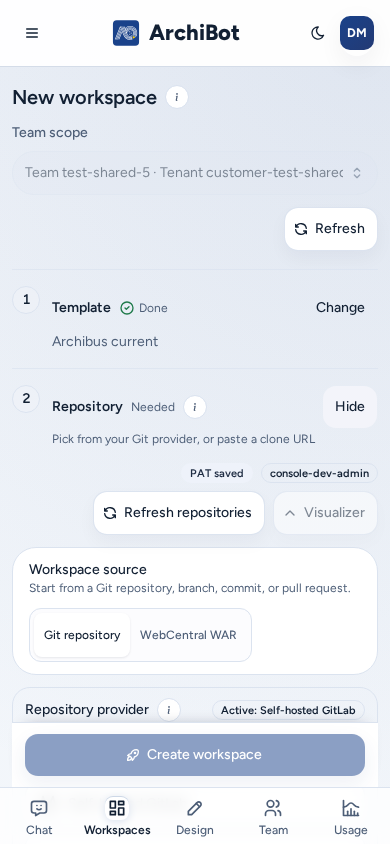 Create on a phone: the checklist in one column with Create workspace pinned above the bottom bar, on safe example data.