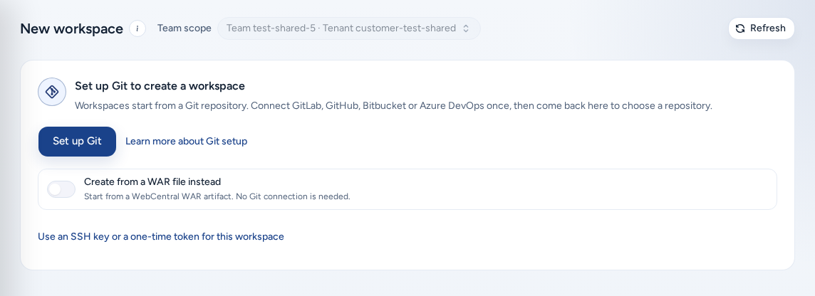 The Set up Git to create a workspace card with the Set up Git button, the Learn more about Git setup link, the Create from a WAR file instead switch and the Use an SSH key or a one-time token for this workspace link, on safe example data.