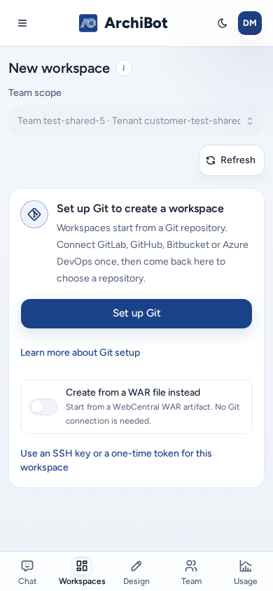 Set up Git on a phone with the full-width Set up Git button, the Create from a WAR file instead switch and the Use an SSH key or a one-time token for this workspace link, on safe example data.