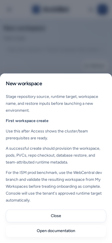 A Create help (i) explanation open as a sheet from the bottom of a phone screen, with Close and Open documentation buttons, on safe example data.