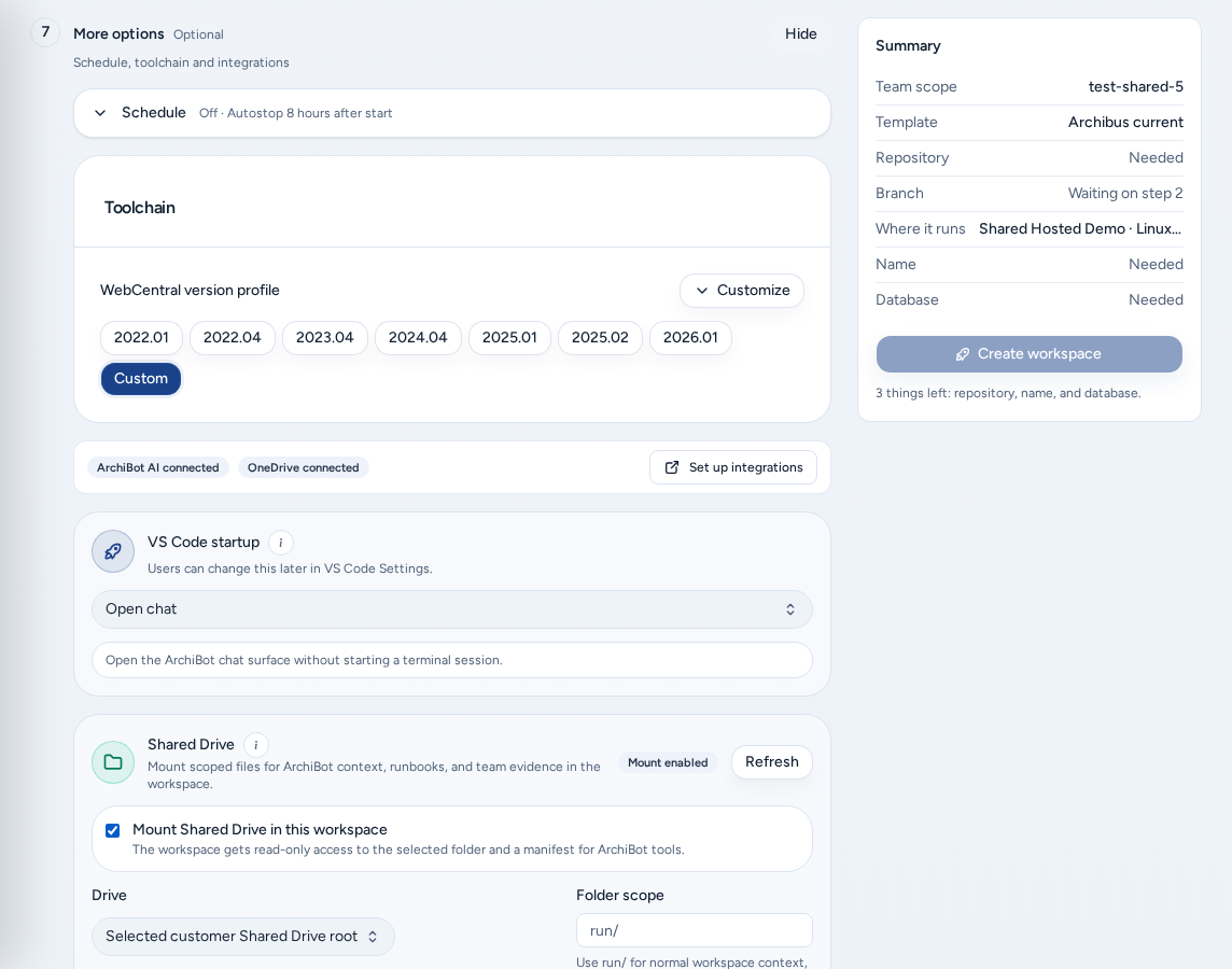 Step 7, More options, opened with Show, listing the optional integrations and startup settings, on safe example data.