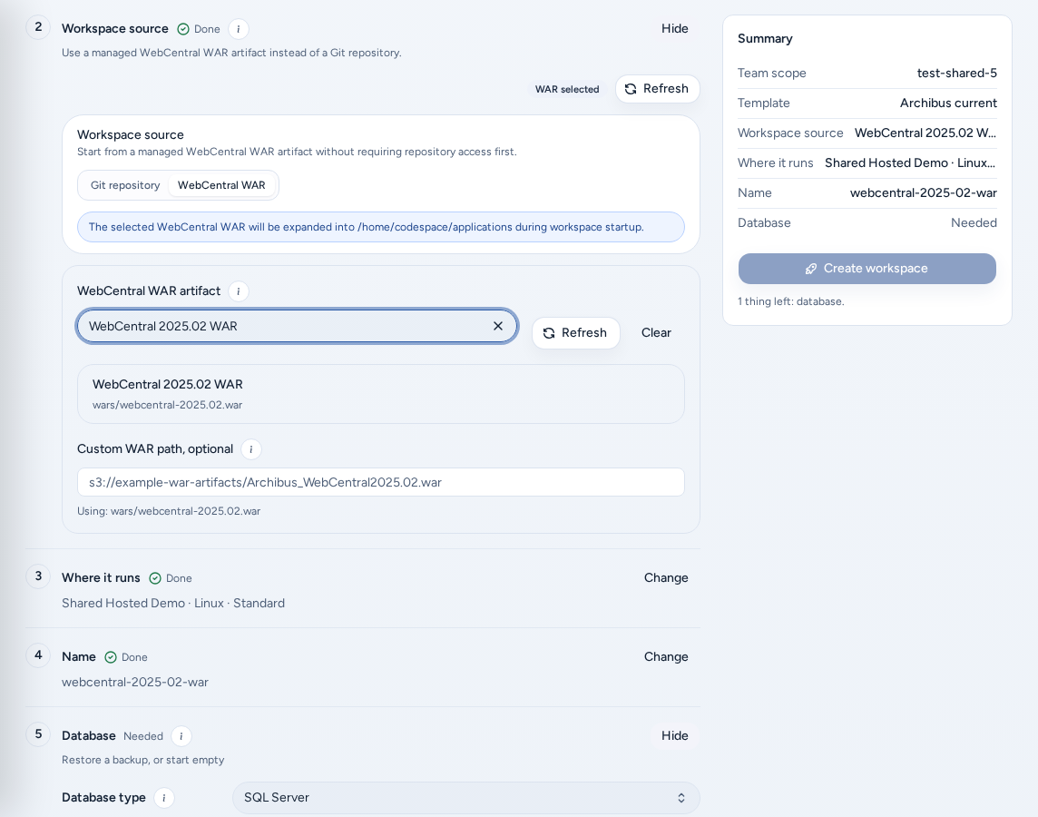 Create with the WAR switch on: the Workspace source step set to WebCentral WAR, a WebCentral WAR artifact picked from the managed catalog, and the Summary, on safe example data.
