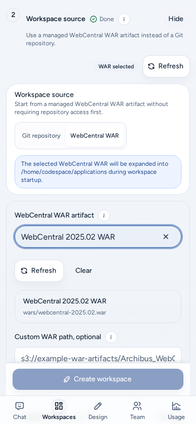 A WAR source on a phone: the managed WAR artifact picked and Create workspace pinned above the bottom bar, on safe example data.