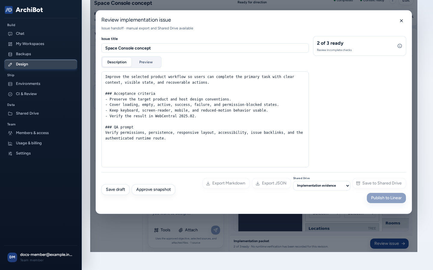 The Review implementation issue dialog with the issue title, the Description and Preview tabs, readiness (2 of 3 ready), and Save draft, Approve snapshot, export and Publish to Linear buttons, on safe example data.