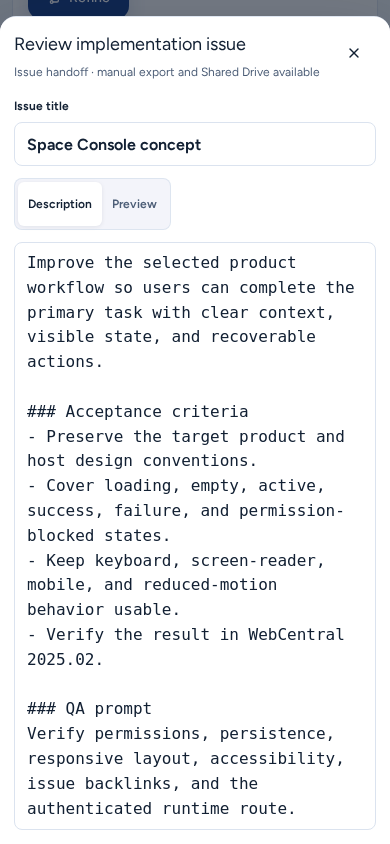 Review implementation issue open as a full-width sheet on a phone, with the issue title, the Description and Preview tabs and the issue description, on safe example data.