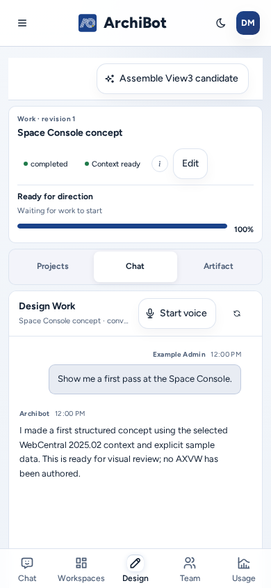 Design on a phone with the Projects / Chat / Artifact switcher showing the Chat pane, on safe example data.