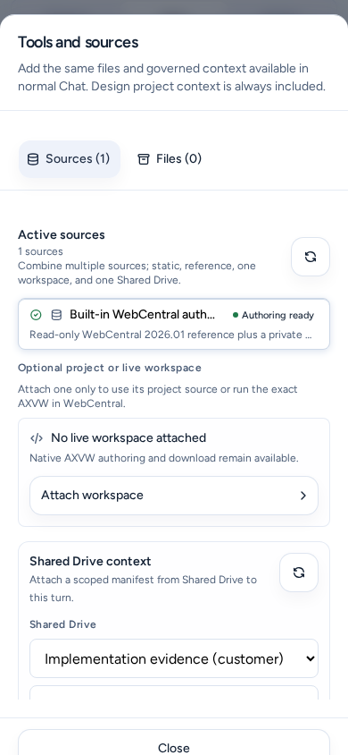 Tools and sources open as a full-width sheet on a phone, with Sources and Files tabs, active sources and Shared Drive context, on safe example data.