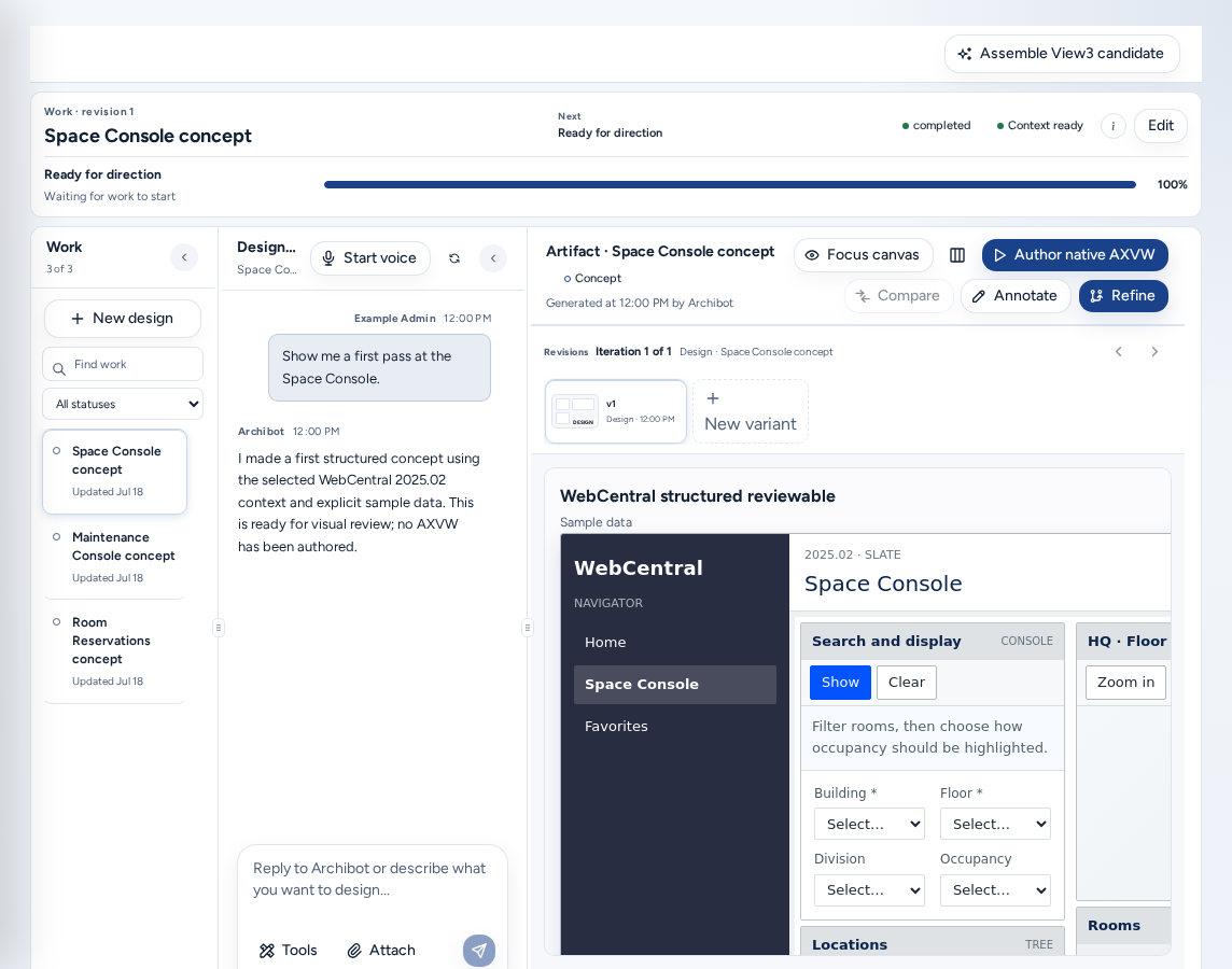 Design with a work stream open: the Work list, the Design Work conversation and the Artifact pane showing a structured WebCentral concept, on safe example data.