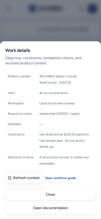 Work details as a sheet from the bottom of a phone screen, with Close and Open documentation, on safe example data.