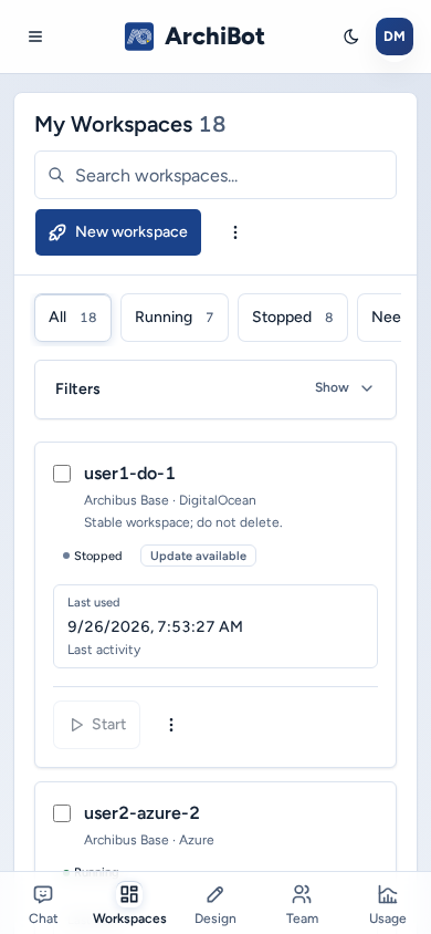 My Workspaces on a phone with the top bar (Expand navigation, theme and profile) and the bottom bar with Chat, Workspaces, Design, Team and Usage, on safe example data.