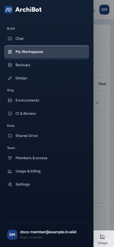 The full navigation open as a panel over My Workspaces on a phone, after choosing Expand navigation, on safe example data.