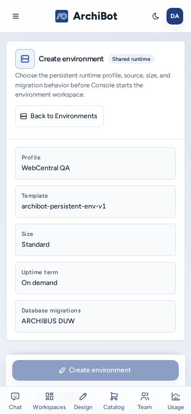 Create environment on a phone with the profile, template, size, uptime and migration cards and Create environment pinned at the bottom, on safe example data.