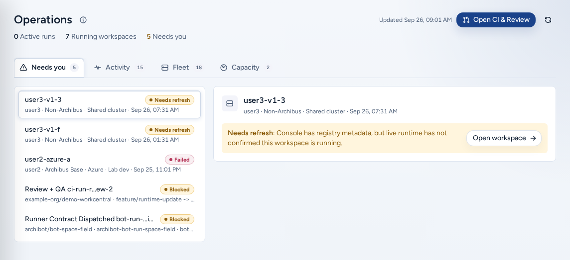 Operations on the Needs you view: the inbox of workspaces and runs that need attention beside the selected item's detail, on safe example data.