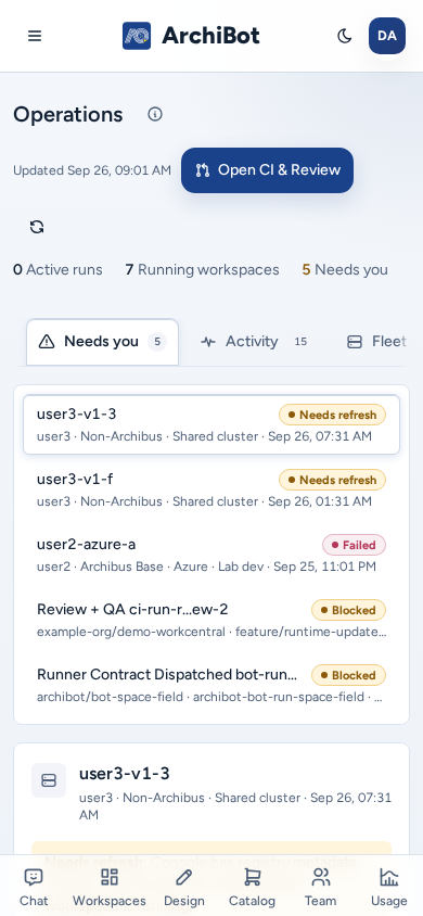 Operations on a phone: the summary, the sideways-scrolling view tabs and the Needs you inbox stacked above the selected item, on safe example data.