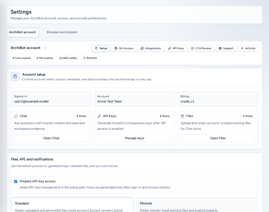 Settings on the ArchiBot account tab with the section pills and the Setup section's Account setup card, on safe example data.
