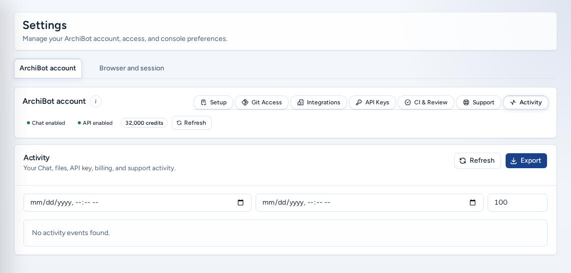 The Activity section with date filters, a result limit and Export, on safe example data.
