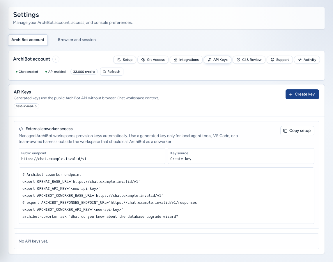 The API Keys section with Create key and External coworker access with placeholder values, on safe example data.