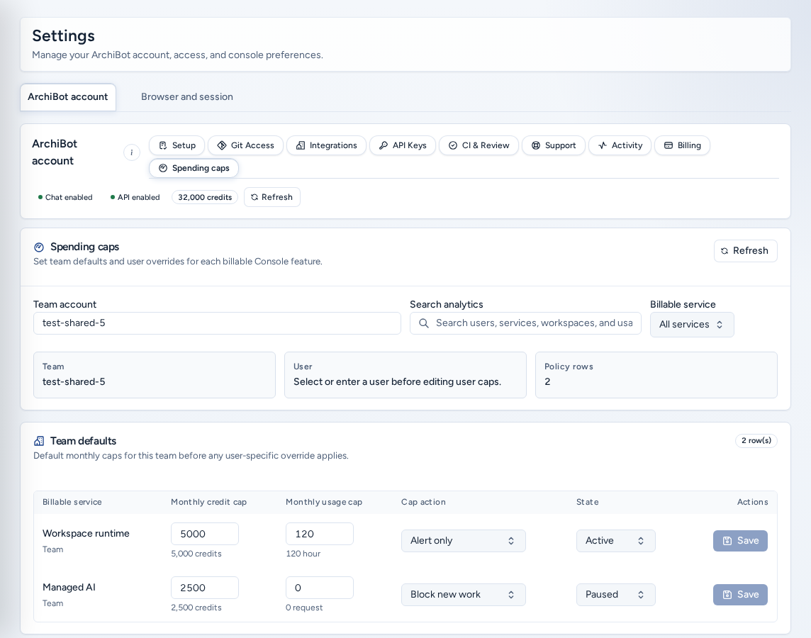 The Spending caps section with the team account, Team defaults table and per-row Save, on safe example data.