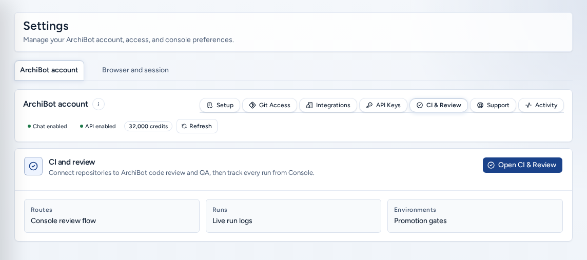 The CI & Review section with Open CI & Review and the routes, runs and environments summary, on safe example data.