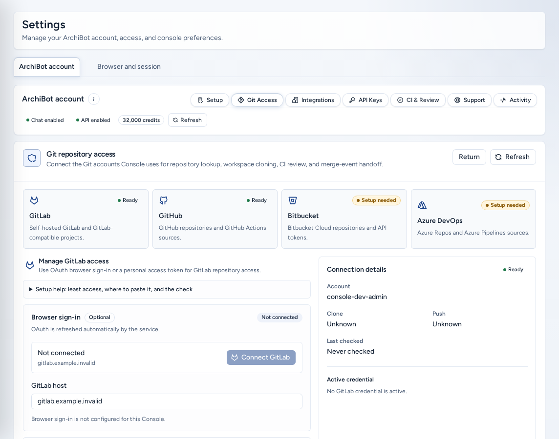 The Git Access section opened from Create, with Return, provider cards (GitLab and GitHub Ready, Bitbucket and Azure DevOps Setup needed) and Manage GitLab access, on safe example data.