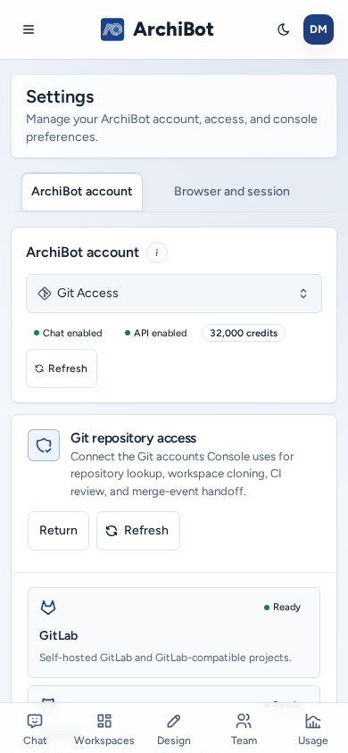 Git Access on a phone, opened from Create, with Return and Refresh and the provider cards in one column, on safe example data.