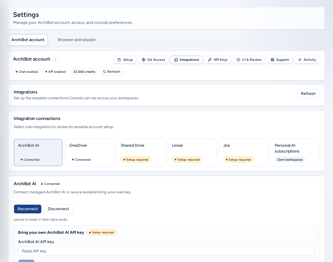 The Integrations section with the integration connections grid and the ArchiBot AI connection, on safe example data.