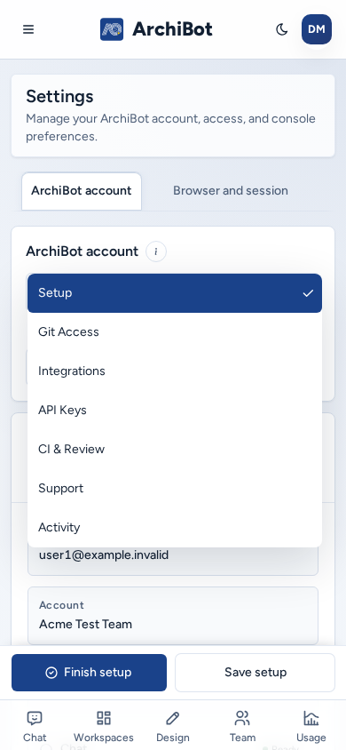 Settings on a phone with the full-width section picker open (Setup, Git Access, Integrations, API Keys, CI & Review, Support, Activity), on safe example data.