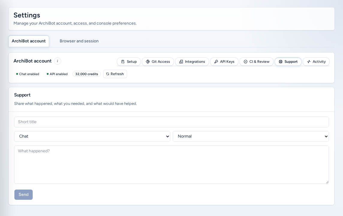 The Support section with Short title, category, severity, What happened? and Send, on safe example data.