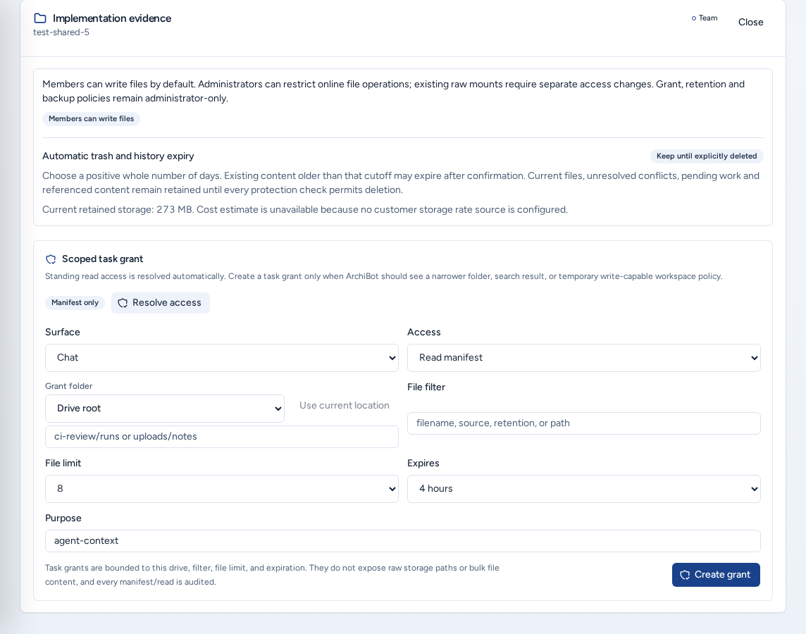 The Access tab with a drive's Grant scope and expiry form open, on safe example data.