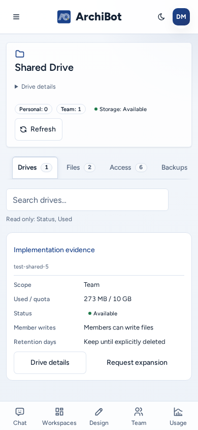 Shared Drive on a phone: the sideways-scrolling tabs and the drive shown as a labelled card with Drive details and Request expansion buttons, on safe example data.