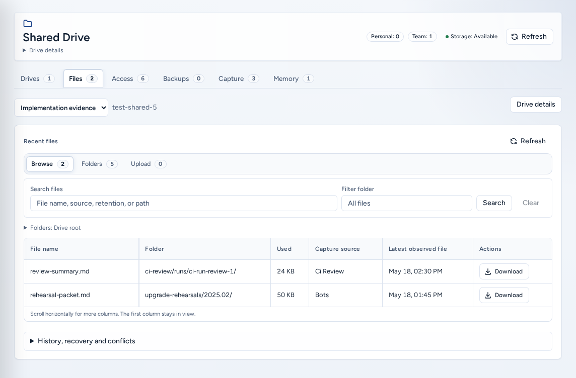Shared Drive on the Files tab: the drive picker, Recent files with Browse, Folders and Upload, search and the file table with Download, on safe example data.