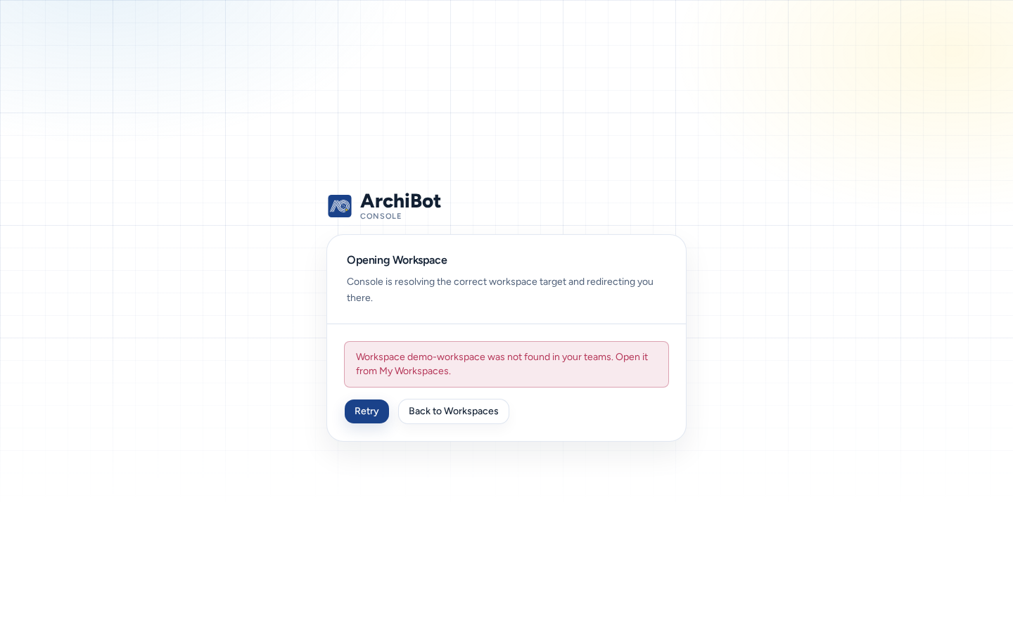 The Opening Workspace card after a failed link: the reason (the workspace was not found in your teams) with Retry and Back to Workspaces, on safe example data.