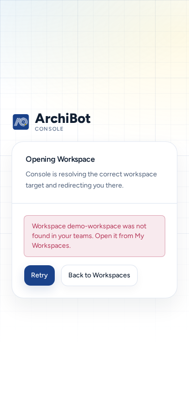 Opening Workspace on a phone after a failed link, with the reason and full-size Retry and Back to Workspaces buttons, on safe example data.
