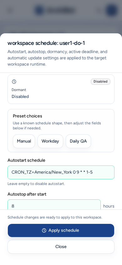 Workspace schedule sheet on a phone with preset choices, the autostart schedule and autostop fields, and full-width Apply schedule and Close buttons, on safe example data.