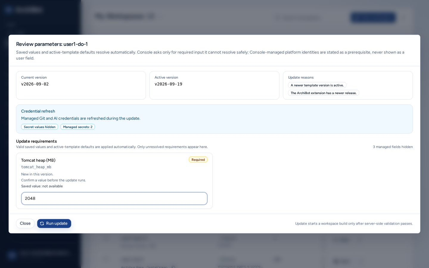 Review parameters dialog for user1-do-1 with current and active version cards, two update reasons, the Credential refresh note and one required Update requirements field, on safe example data.