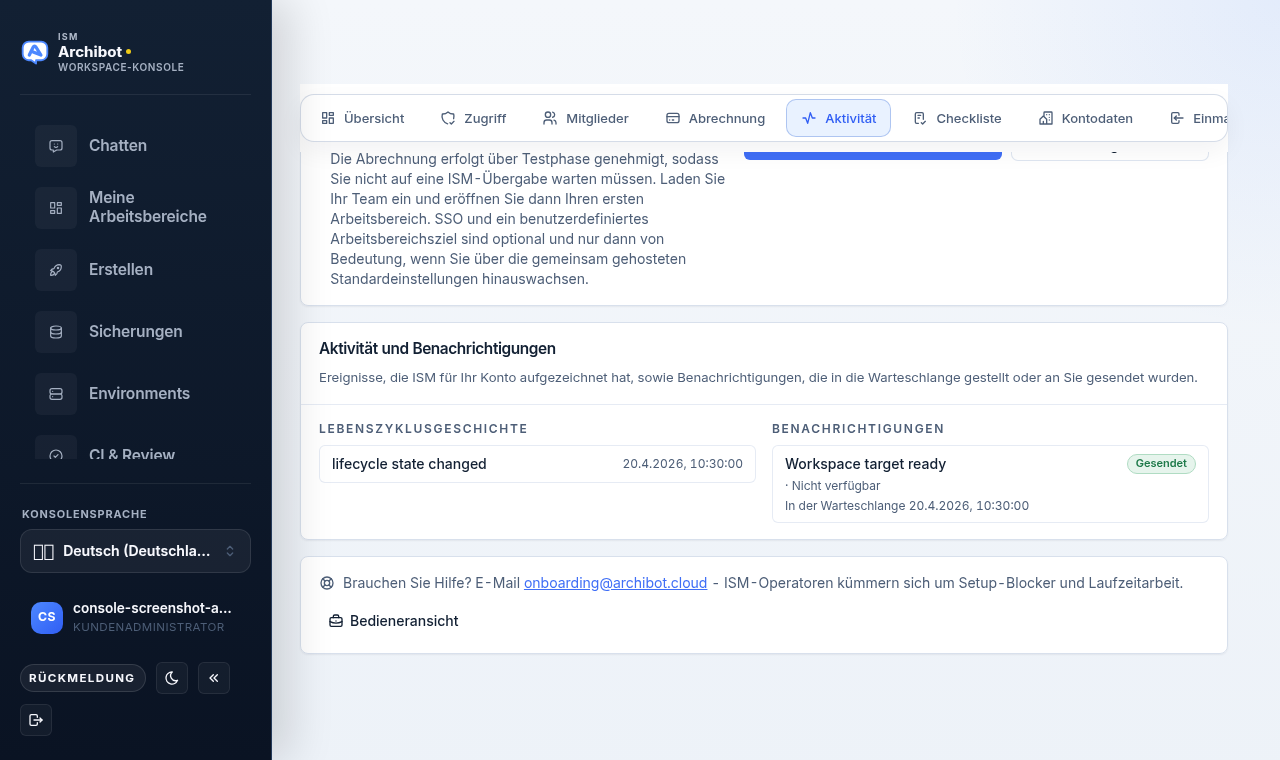 Registerkarte Aktivität der Console mit der Karte Aktivität und Benachrichtigungen und den Spalten Lebenszyklusverlauf und Benachrichtigungen.