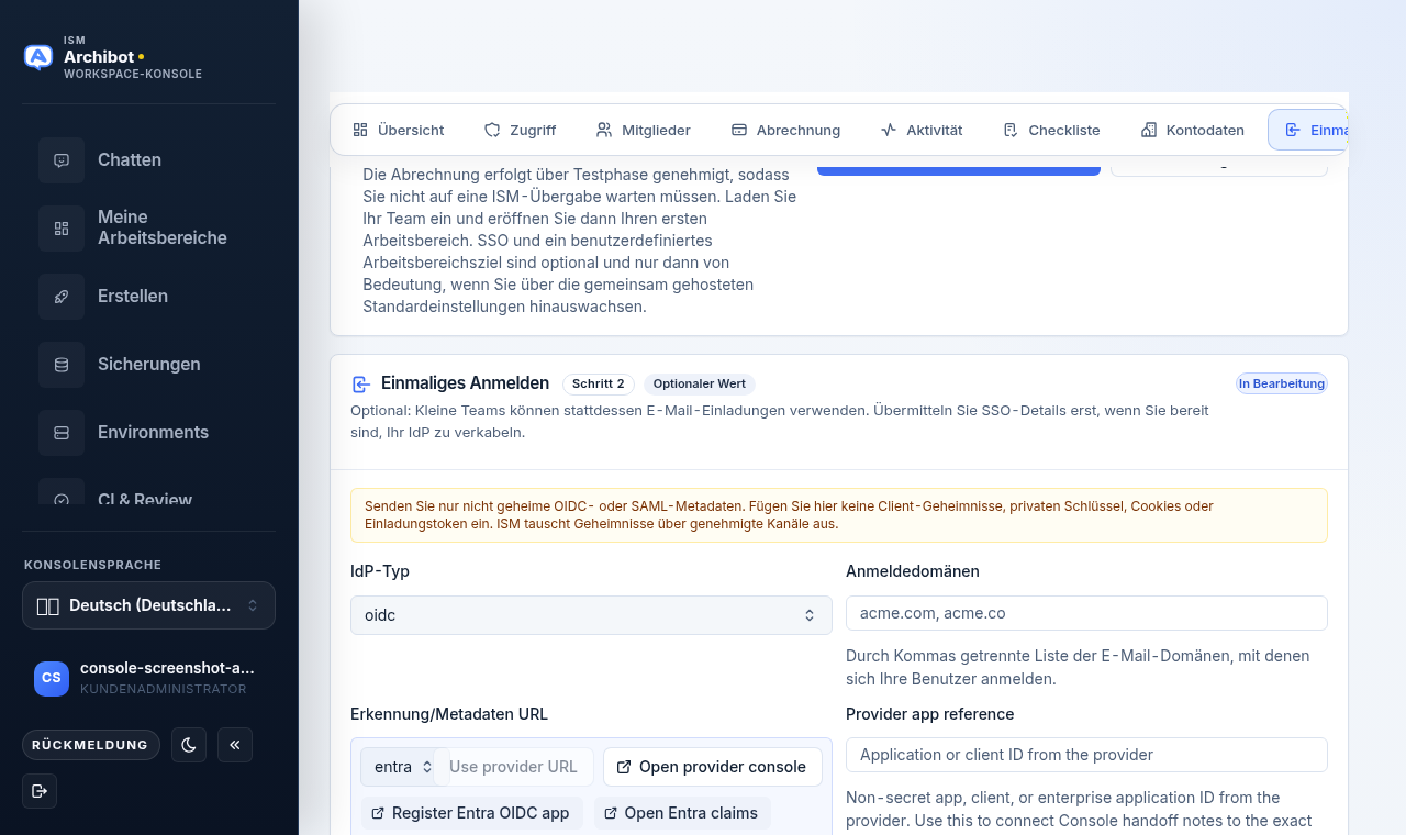 Schritt Single Sign-On der Console mit IdP-Typ, Anmeldedomänen, Discovery-Metadaten-URL, Claim-Zuordnung, Rollengruppen und einem SSO-Bereitschaftsbereich.
