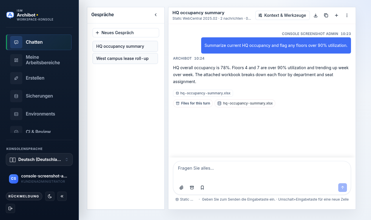 ArchiBot Chat in der Console geöffnet, mit ausgewählter Chat-Oberfläche, einer Unterhaltungsliste, einer Beispielantwort zur Auslastung der Zentrale und dem Verfasser.