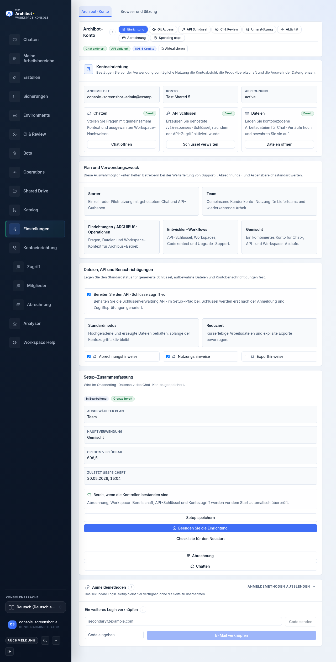The Setup tab inside the ArchiBot account section of Settings, showing the Account setup card, plan and intended use choices, and the Setup summary side panel.