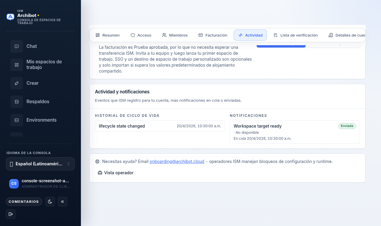 Pestaña Actividad de la Console que muestra la tarjeta Actividad y notificaciones con columnas de historial del ciclo de vida y notificaciones.