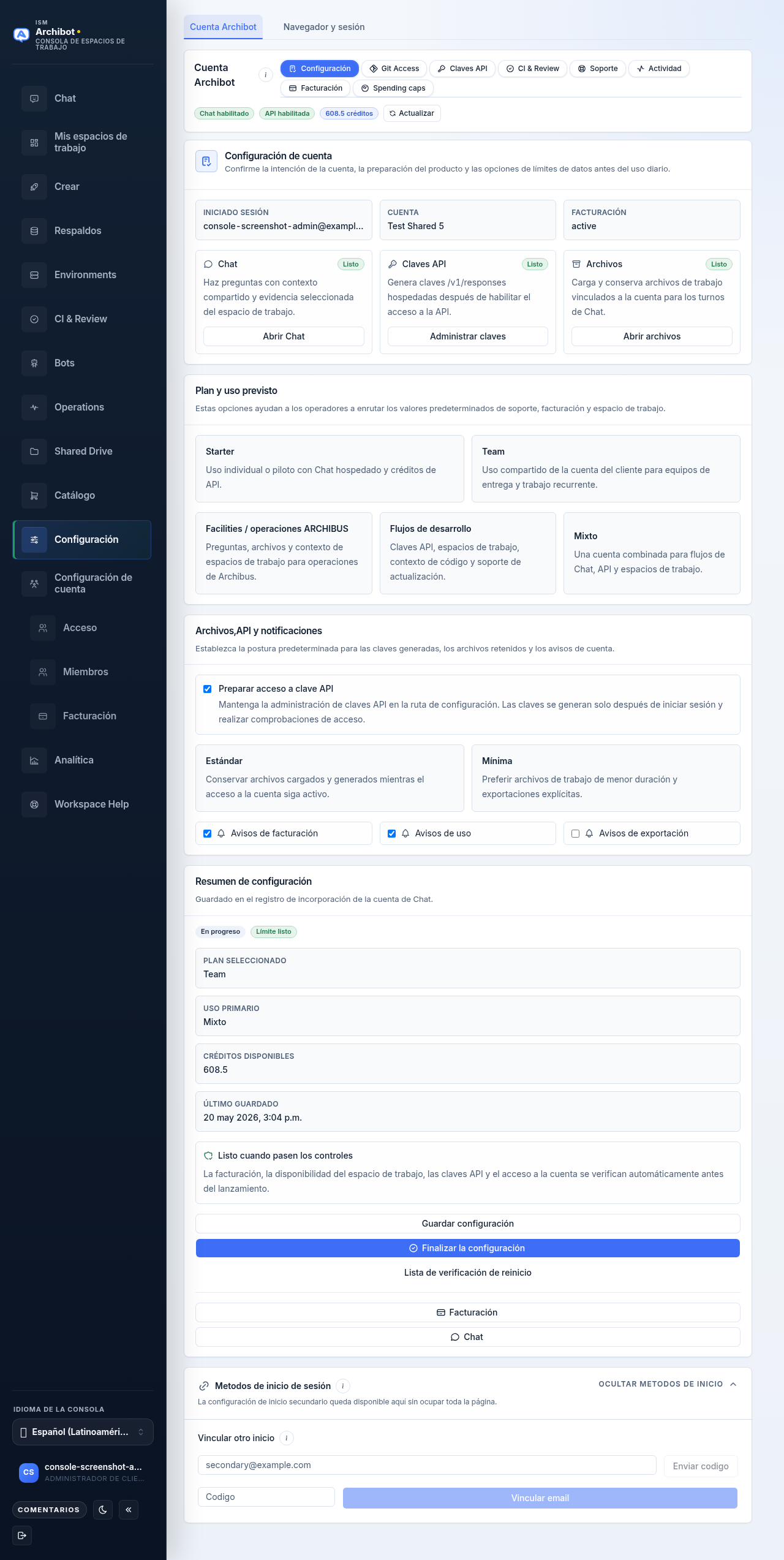The Setup tab inside the ArchiBot account section of Settings, showing the Account setup card, plan and intended use choices, and the Setup summary side panel.