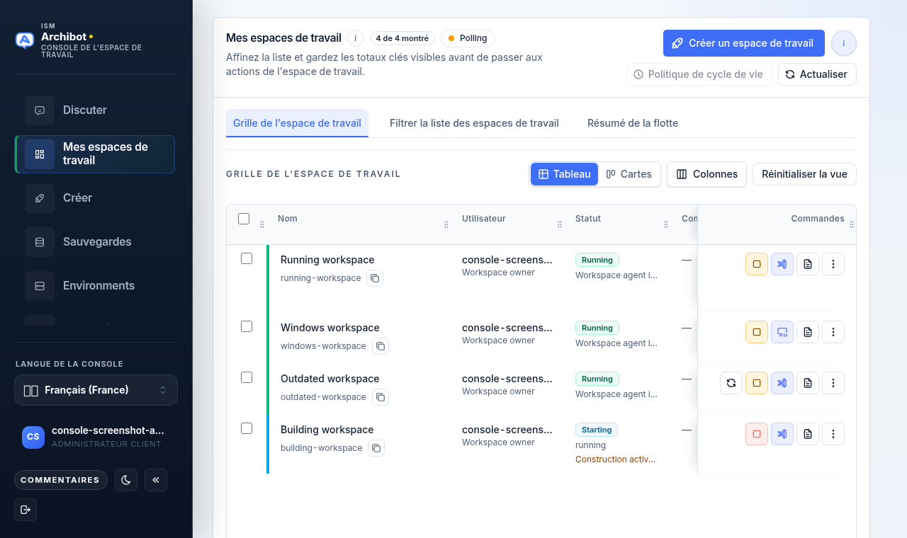 Aperçu d'ArchiBot Console rendu par Console, avec une navigation sûre adaptée au rôle et des actions sur les espaces de travail.