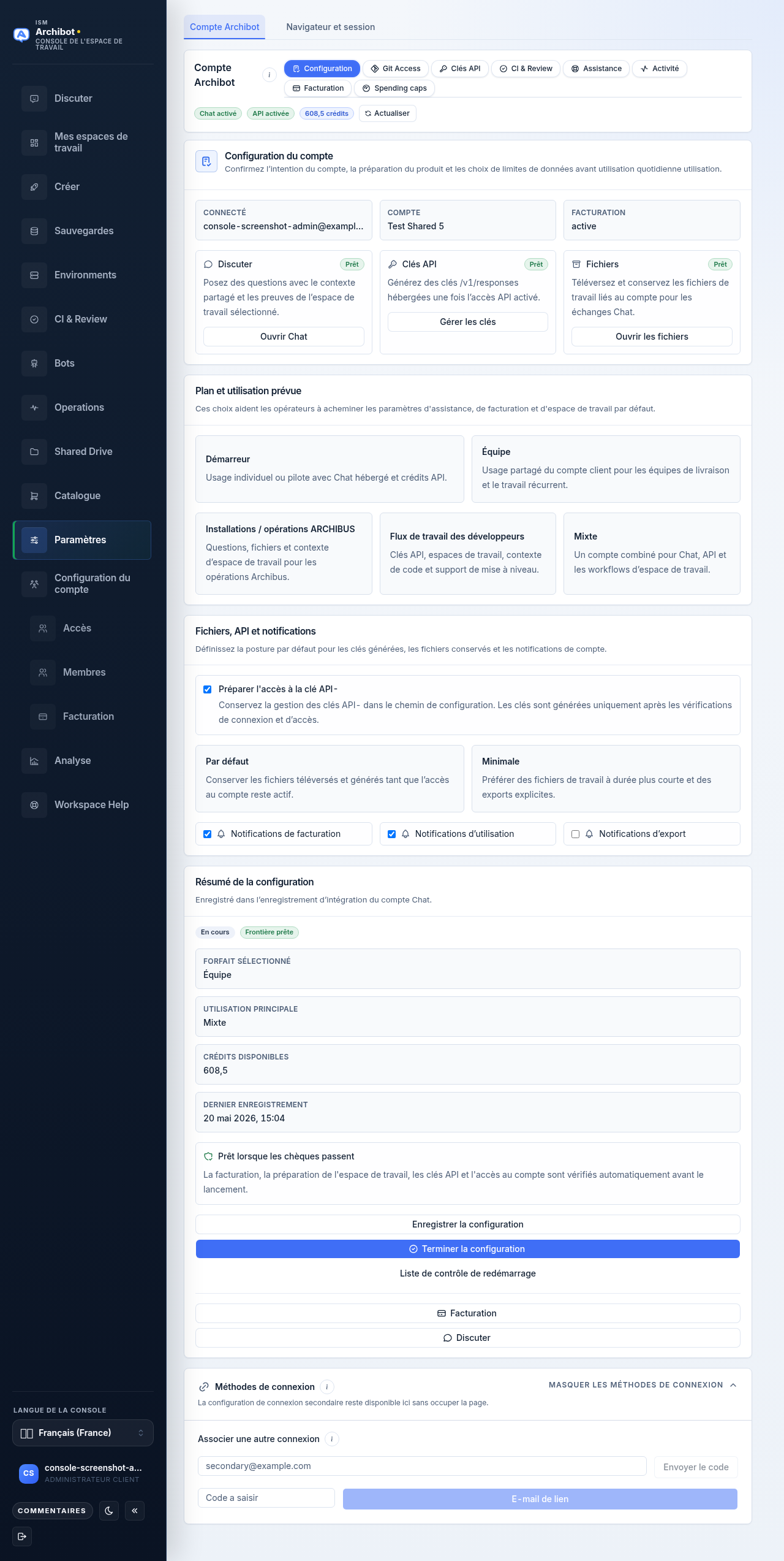The Setup tab inside the ArchiBot account section of Settings, showing the Account setup card, plan and intended use choices, and the Setup summary side panel.