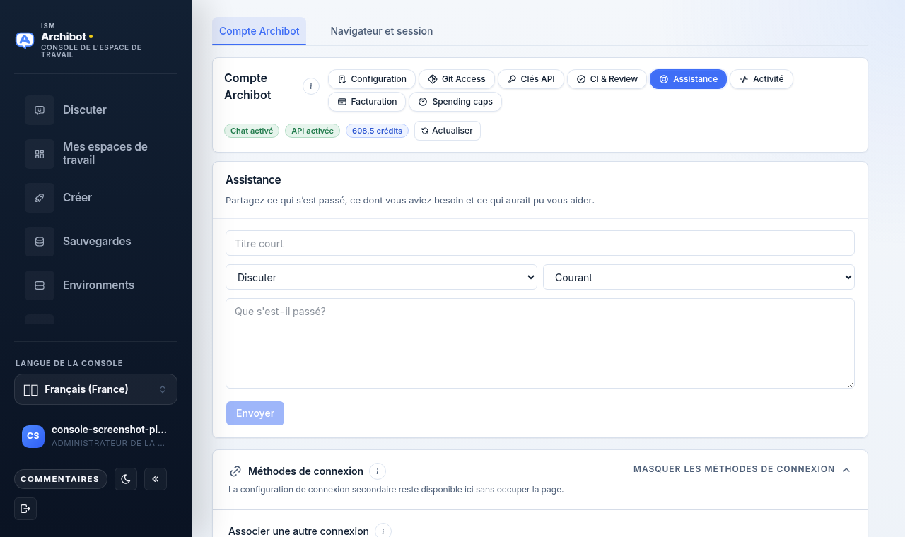 Carte Assistance de Console Settings avec un champ de titre court, des sélecteurs de catégorie et de gravité, une zone de description et un bouton Envoyer.
