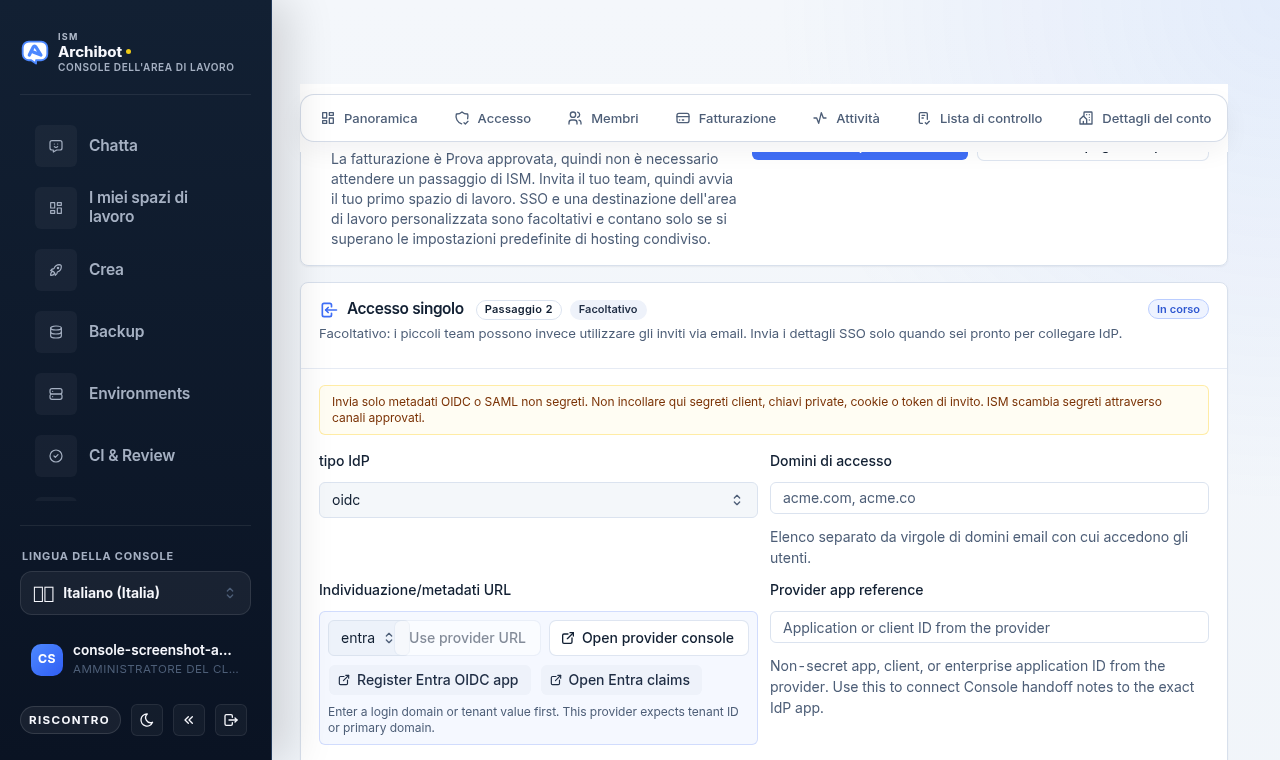 Passaggio Single sign-on della Console con tipo di IdP, domini di accesso, URL dei metadati di discovery, mappatura dei claim, gruppi di ruoli e un pannello di preparazione SSO.