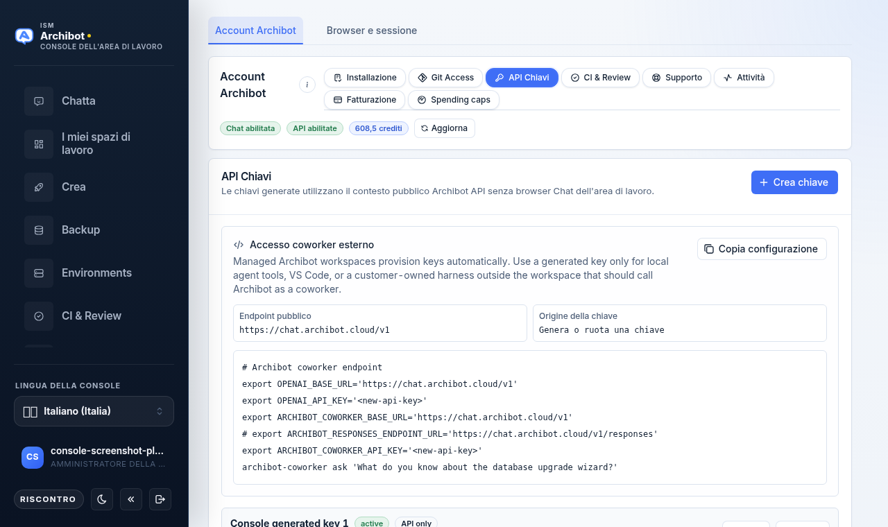 Console Settings API Keys tab showing the Create key button, External coworker access card, and a generated setup script with placeholder values.