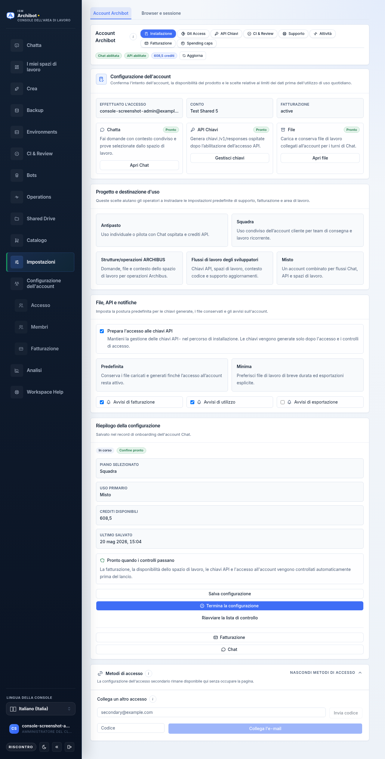 The Setup tab inside the ArchiBot account section of Settings, showing the Account setup card, plan and intended use choices, and the Setup summary side panel.