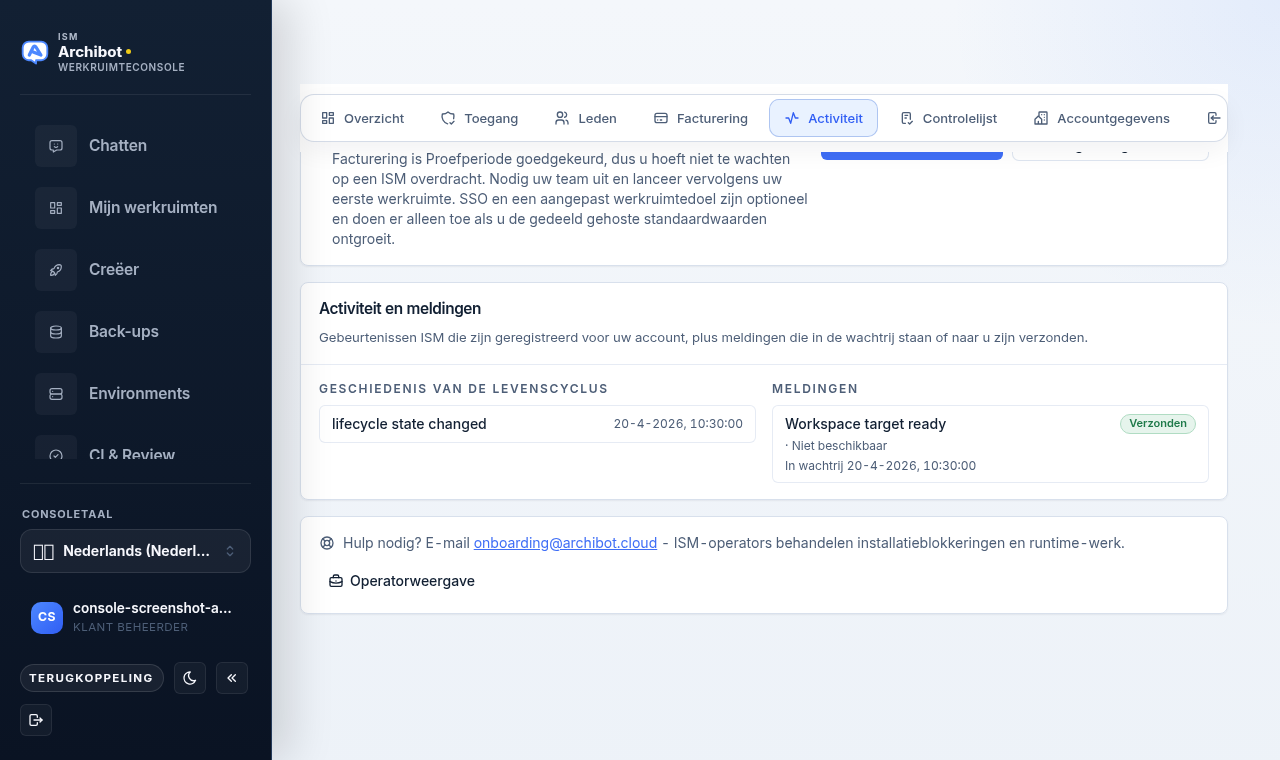Tabblad Activiteit van de Console met de kaart Activiteit en meldingen met kolommen voor levenscyclusgeschiedenis en meldingen.