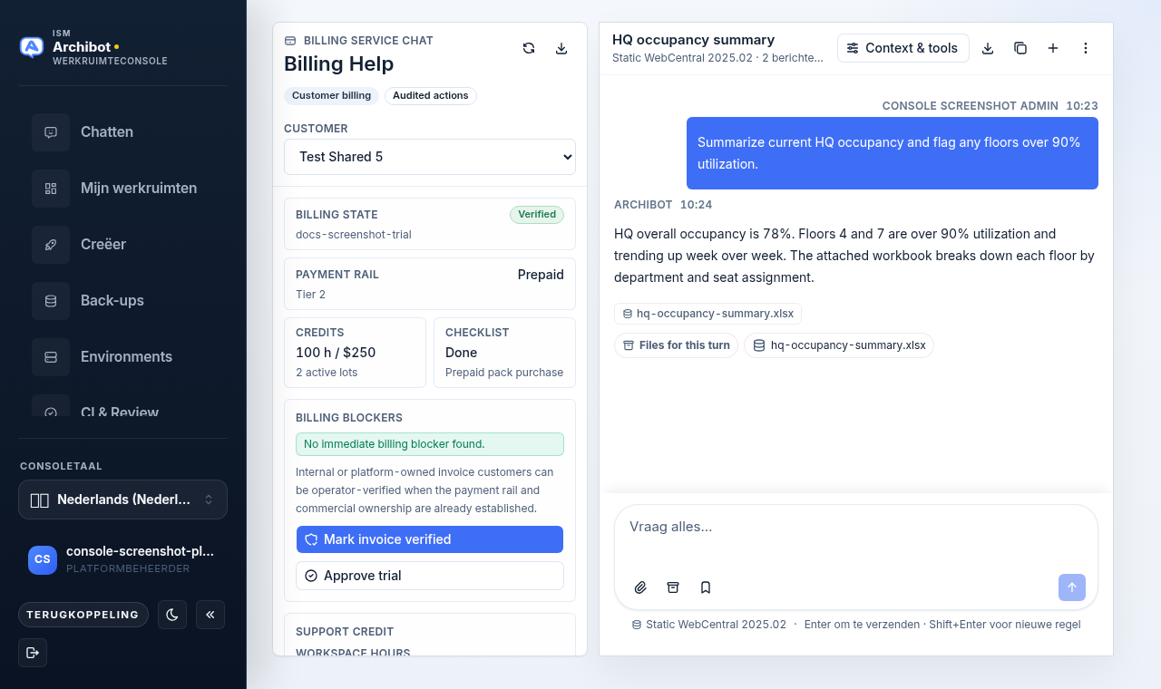 Billing Help in Console met links een factureringsoverzicht van een klant en rechts een chat met de factureringsservice.